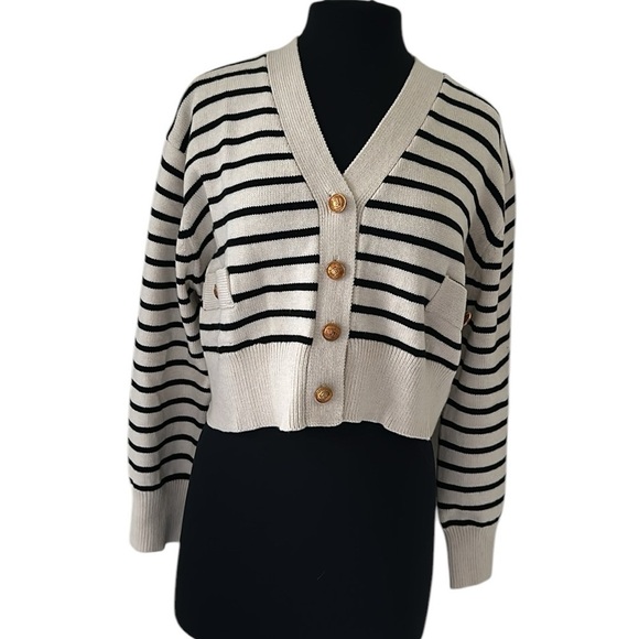 pink Lily black and creamstripe lady cardigan with gold button buttons - Picture 1 of 8